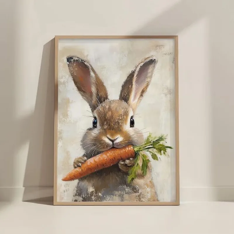 

Easter Bunny Print Cute Easter Rabbit Neutral Spring Flower Easter Bunny Carrot Nursery Wall Art Easter Vintage Decor Rabbit Art