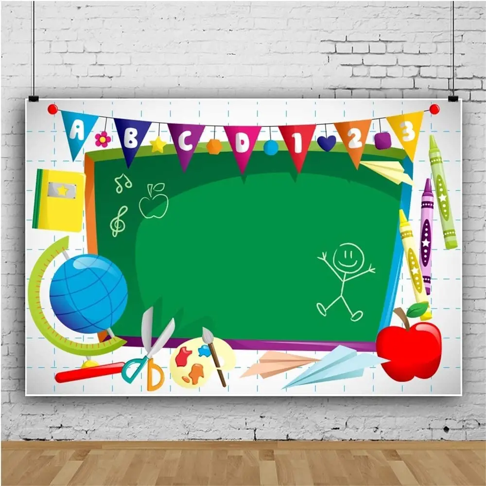 Photography Background Welcome to Kindergarten Backdrop ABC Letters Blackboard Watercolor Pen Paper Globe Back to School Themed