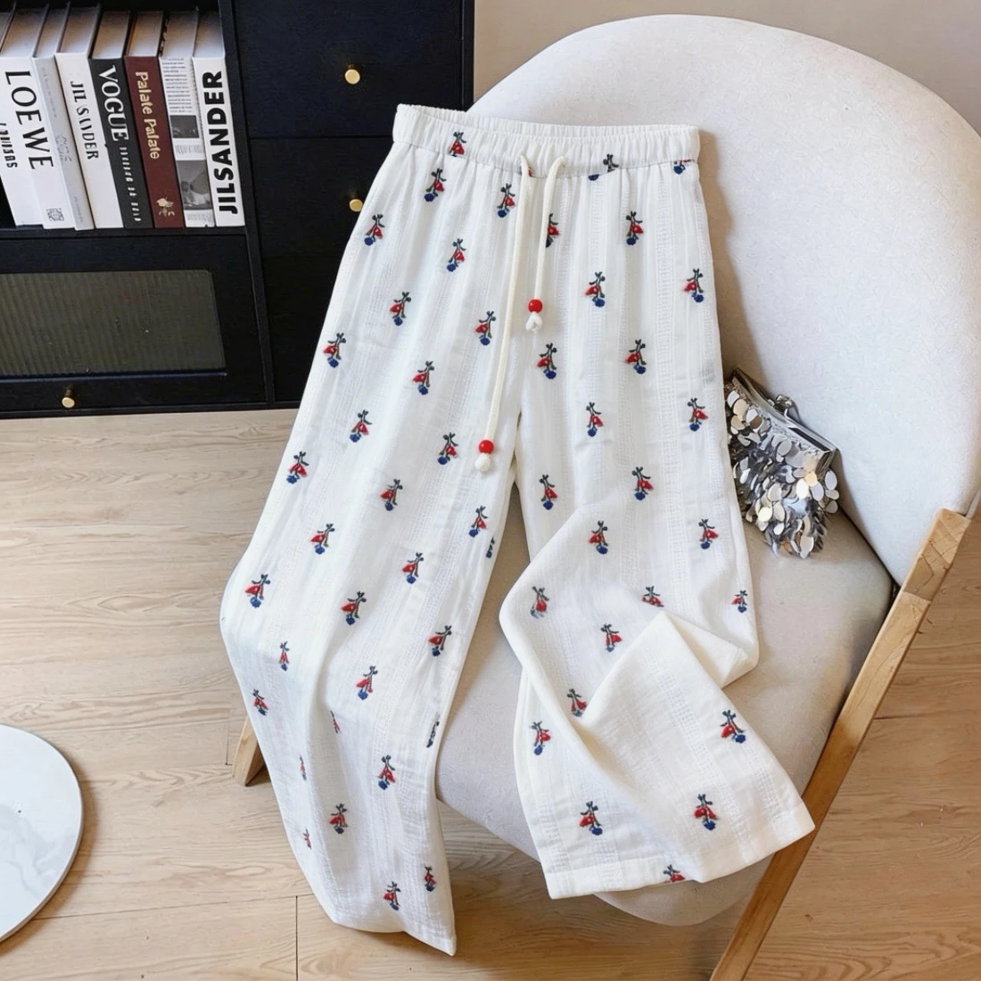 

Женские летние повседневные брюки в деревенском стиле с высокой талией, прямые широкие штанины, с цветочной вышивкой, утягивающие, с завышенной талией