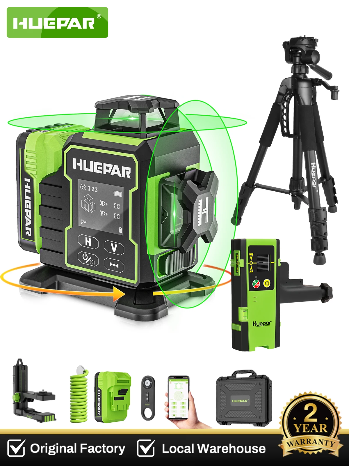Huepar W03CG Set 3D 12-Linien-Laser-Nivelliergerät mit Detektorstativ 360 ° Cross Lines Bluetooth-Fernbedienung mit elektrischer drehbarer Basis und LCD-Bildschirm