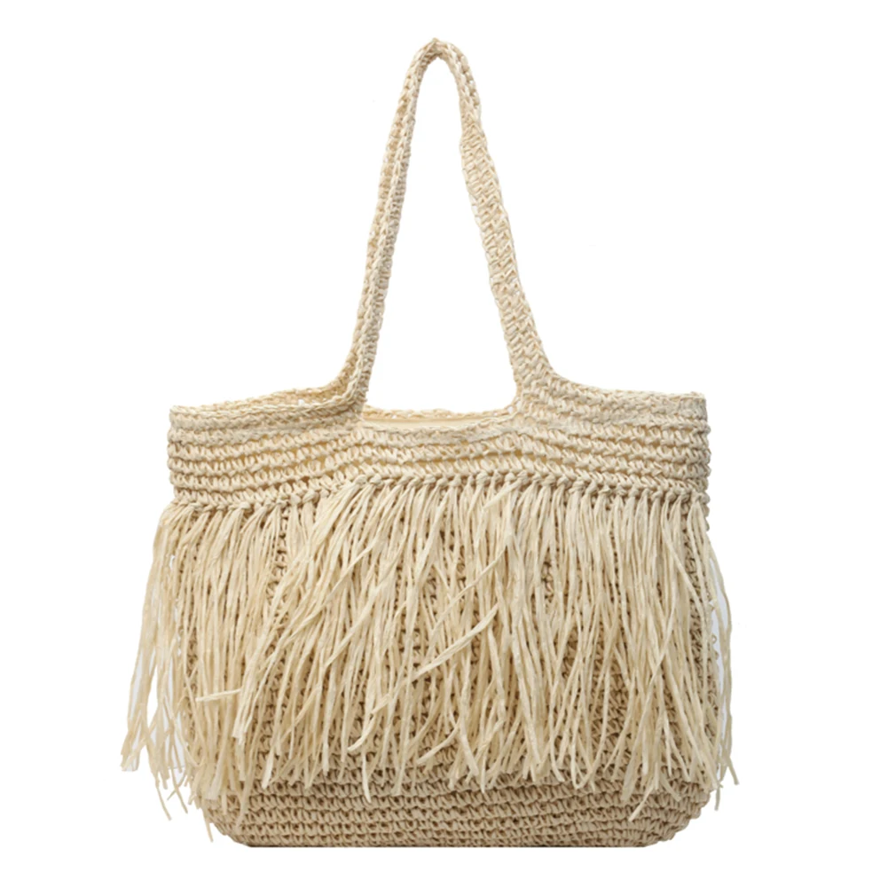 

Women Straw Woven Tote Bag Fashion Woven Handbag Large Capacity Weaving Shoulder Bag Simple with Tassel for Travel Vacation