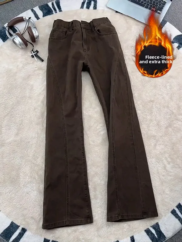 

Мужские джинсы Cafe Brown с косым кроем и расклешенными прямыми штанинами, осенне-зимние, на флисовой подкладке, в американском стиле, повседневные, свободного кроя