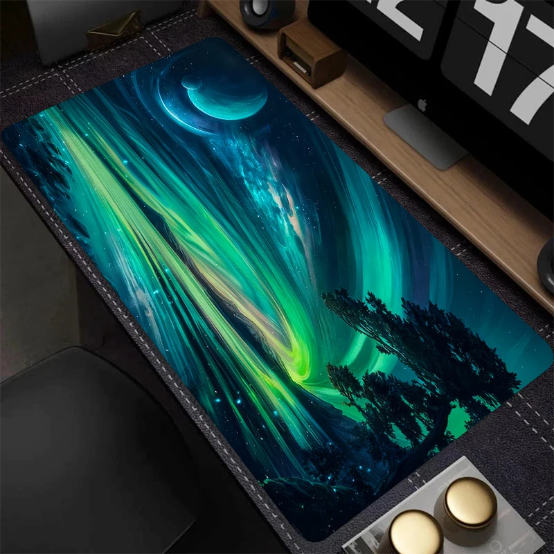 لوحة ماوس أورورا خضراء كبيرة، حصيرة مكتب فريدة من نوعها ذات مناظر طبيعية طبيعية، إصدار ممتد من المطاط غير قابل للانزلاق 900 × 400 لوحة مفاتيح للألعاب