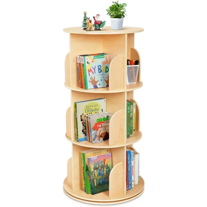 Kids Rotating Bookshelf, Small Corner Bookshelf for Small Space, 360° Display 3 Tier Floor Standing Bookcase Storage Rack, Woode