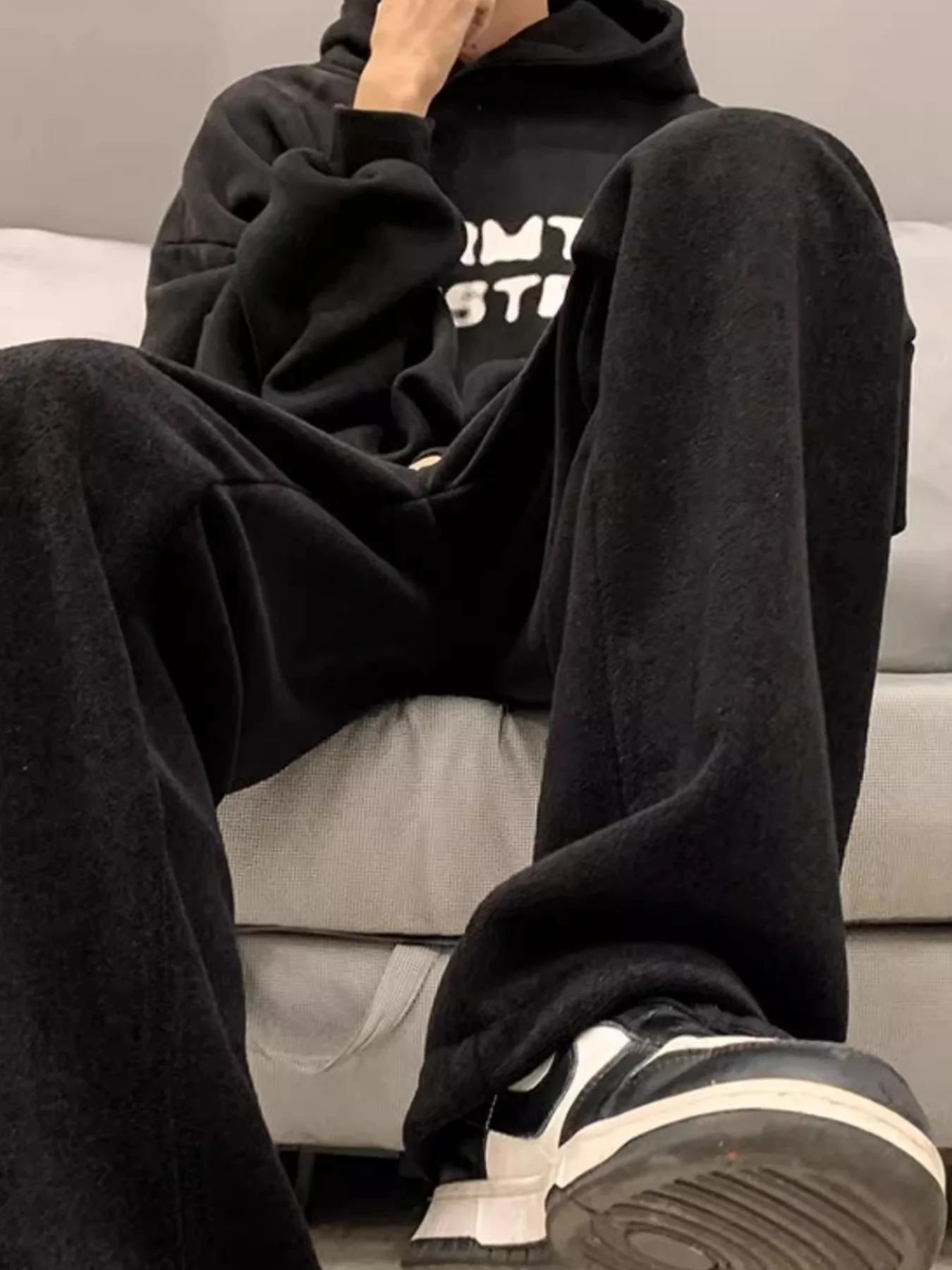 Amerikaanse retrostijl met fleece gevoerde verdikte joggingbroek voor dames, nieuwe herfst en winter losse casual veelzijdige afslankende luie wijde pijpen met hoge taille