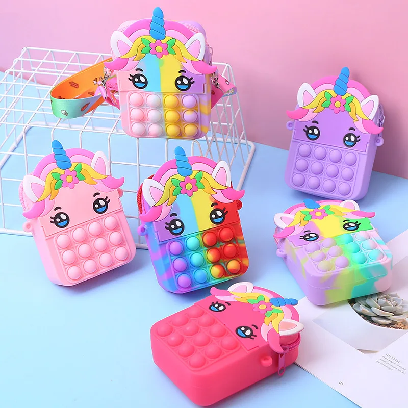 Unicorn Bag for Girls Popite Antistress Toys Silicone Push Bubble Bag Crossbody Reliver Autism Handbag Coin Pouch Purse for Kid