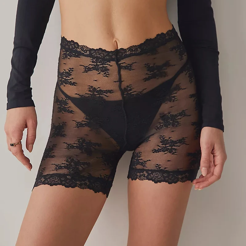 Y2K Summer Women Lace Shorts American Vintage Sexy Mesh see-through Beach Trousers Thong Cover-up Lace Trim Slim Fit Leggings