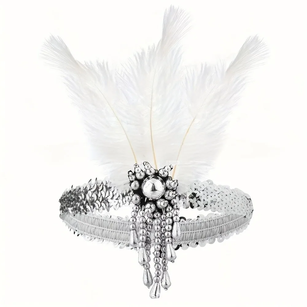 Vintage Retro Women's Feather Headband 1920s Sequin Girls Hair Hoop Colorful Tassel Feather Headdress Party Hair Accessories