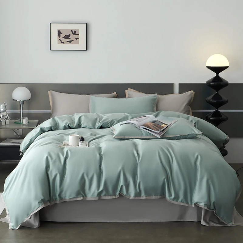 

2024 New Long-staple Cotton Four-piece Bed Linen Newest Plain Color Cotton Bedding Simple Nordic Style Fashion Blue Green Color