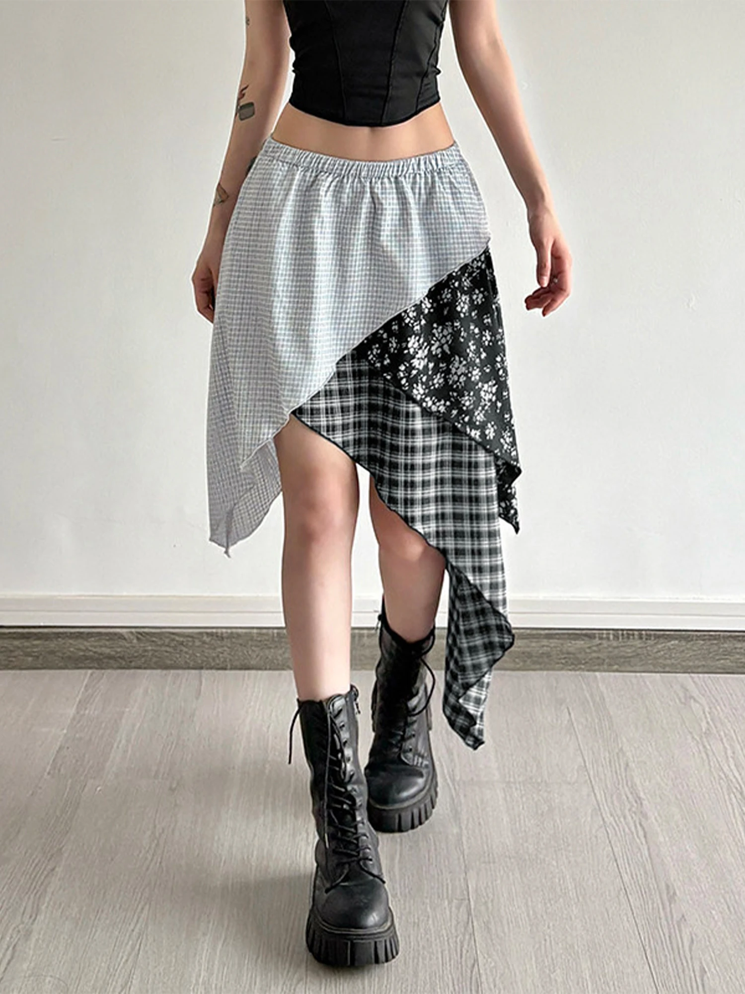Women's Blue Patchwork Plaid Skirt 2000s Vintage Asymmetrical Skirt Harajuku Korean Style Y2k Mid Long Skirts for Women Summer
