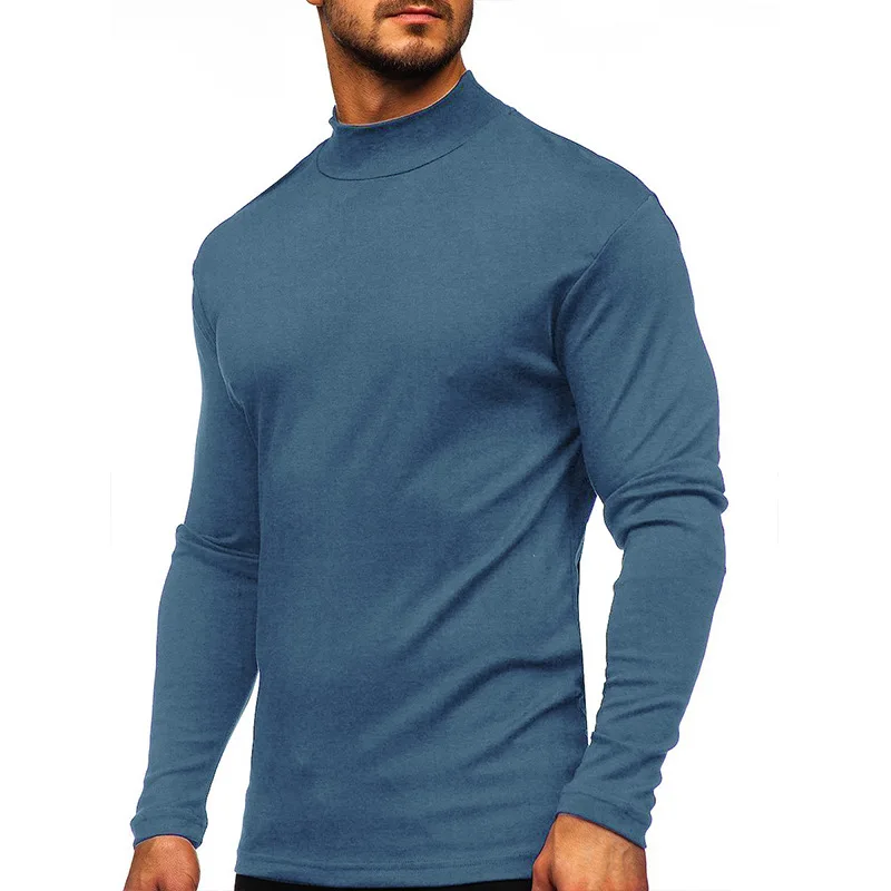 

Men's Teal Mock Turtleneck Long Sleeve T-Shirt Slim-Fit Soft Solid Color Basic Layer Top Comfy Fabric Ideal for Casual Outfits