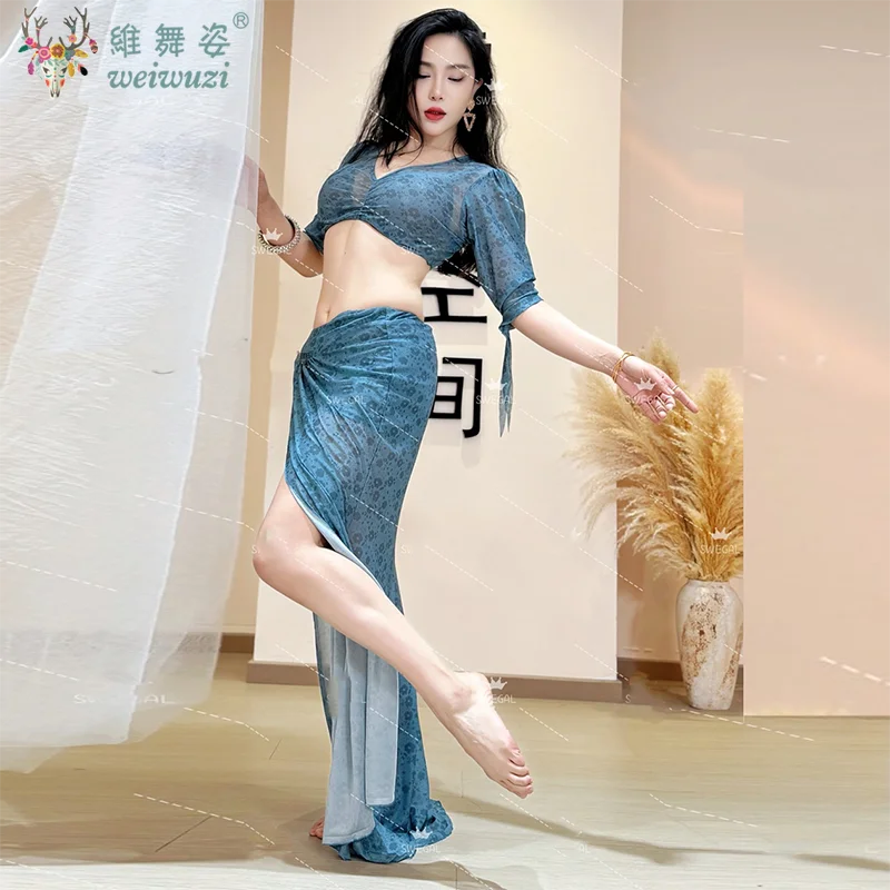 بدلة ملابس أداء الرقص الشرقي للنساء للرقص الشرقي نصف كم علوي + تنورة طويلة شبكية 2 قطعة مجموعة ملابس احترافية شرقية #3