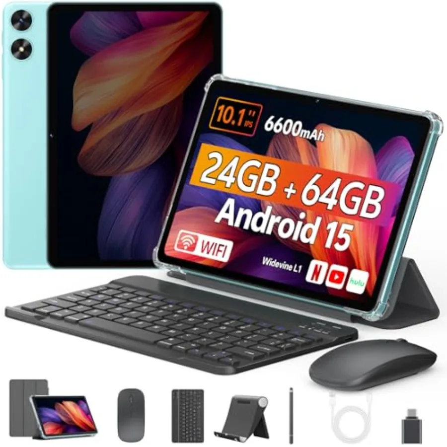

10 Inch Android 15 Tablet with Keyboard 24GB+64GB 1TB Expandable 1.8GHz CPU 2MP+8MP Camera 10H Battery 5G WiFi BT5.3 Widevine L