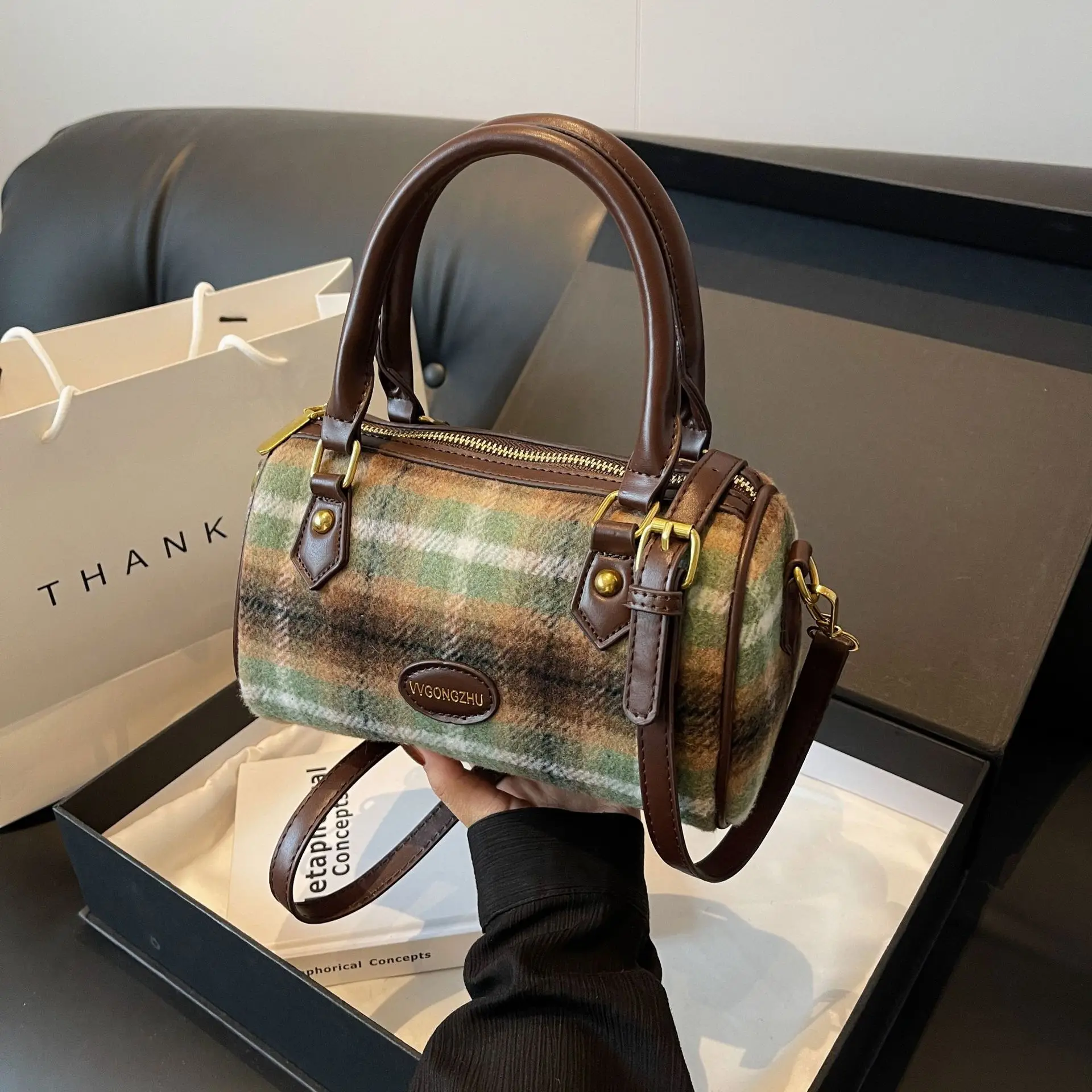 

Винтажная твидовая сумка через плечо 2025 года, модная уникальная ручная сумка через плечо Boston, модная универсальная сумка