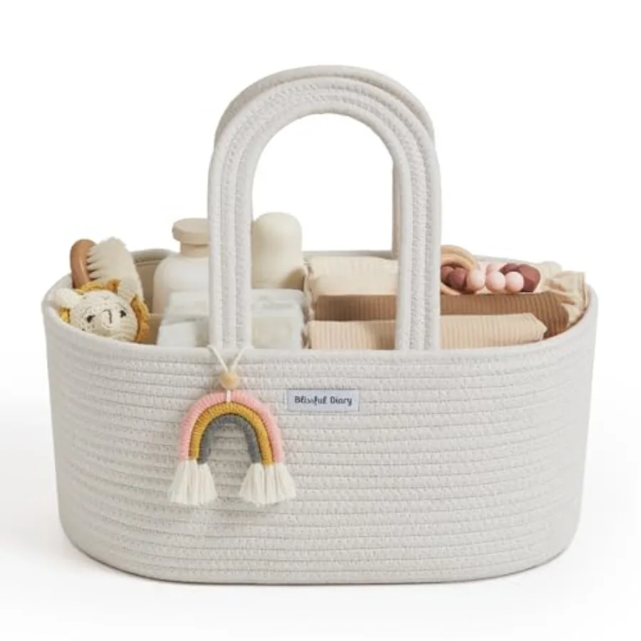 Baby Diaper Caddy Organizer Cotton Rope Diaper Caddy Basket Oval Storage Basket Gift for Baby Shower Newborn Essentials Beige