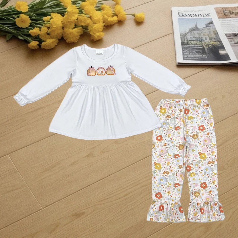 

9.19 Kids Winter Clothes For Girls Baby Girls White Pumpkins Tunic Ruffle Floral Pants Clothes Sets
