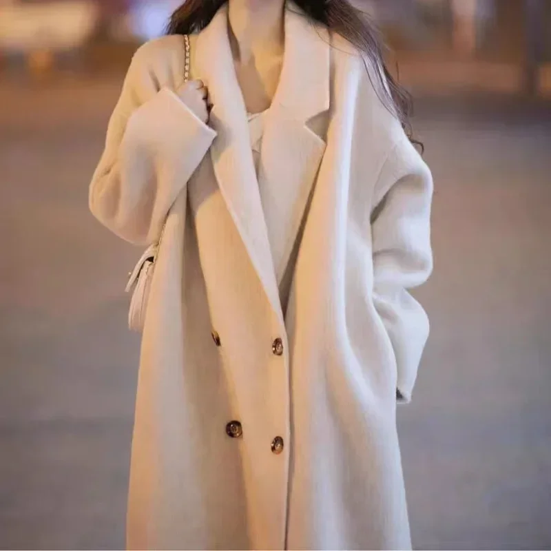 

2024aw Women's Autumn Coat Long Cashmere Reversible Coat Simple Versatile Premium Texture Pure Colour Elegant Trench Coat