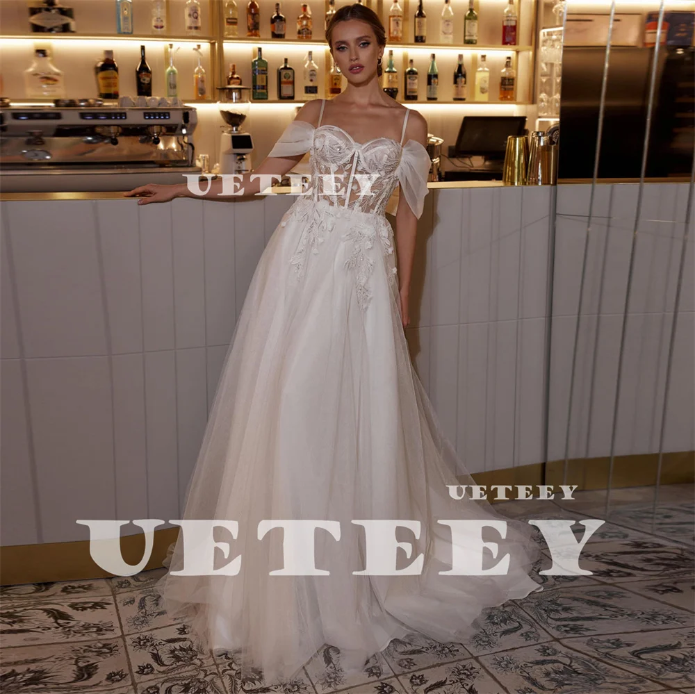 UETEEY Customized Off Shoulder Appliques Tulle Wedding Dress Women Illusion A Line Lace Up Back Court Train vestidos de novia