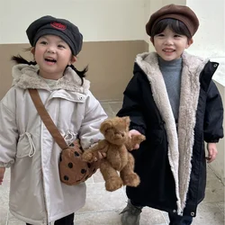 Children's Padded Jackets Boys Girls Lambswool Thicken Parkas Kids Plus Velvet Long Coats 2024 New Hooded Winter Warm Clothing