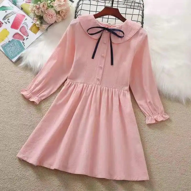 2024 new teenager autumn Kids girls bow Fold long sleeve Dresses Formal Princess Children braces party 4 8 9 5 6 10 12 13 Years