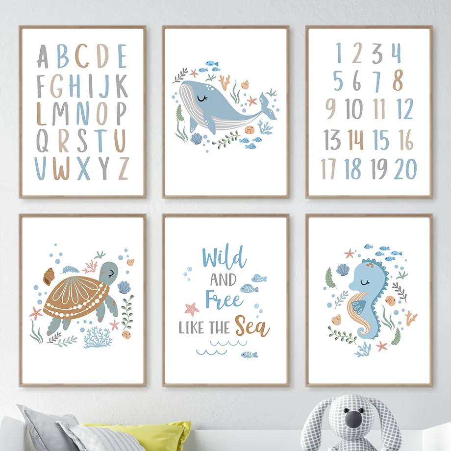 

Картина на холсте с изображением кита, черепахи, морского конька, осьминога, постеры и принты в скандинавском стиле, настенные изображения для декора детской комнаты
