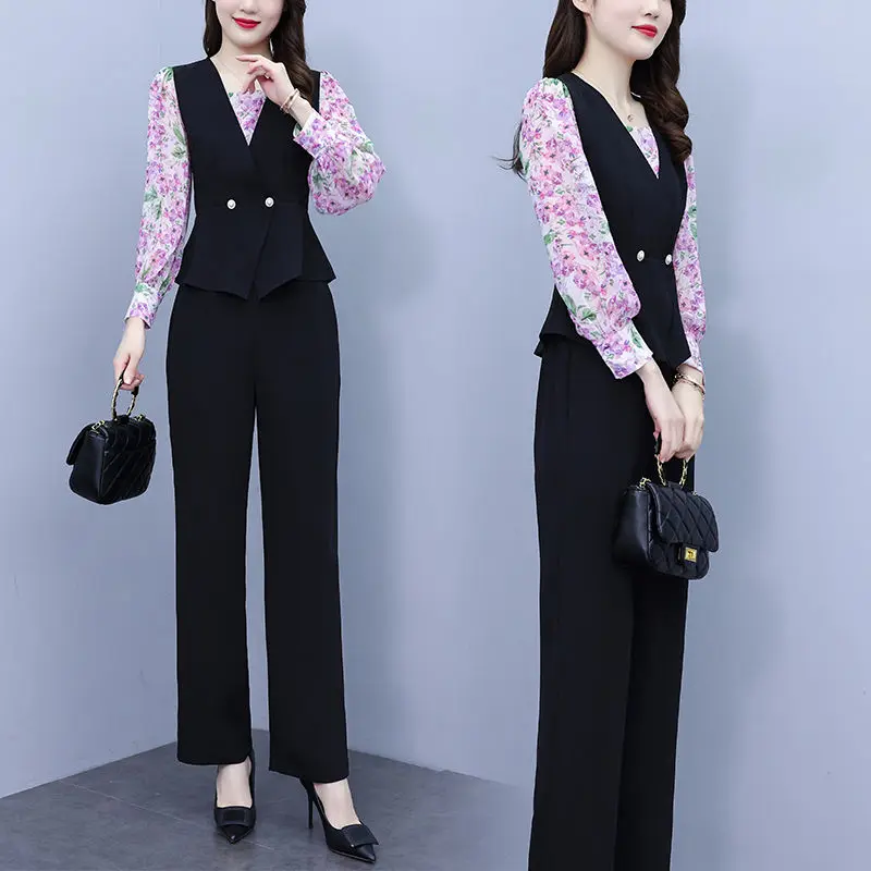 

Office Lady Women Pants Set For Spring Summer 2024 New Fashion Elegant V-neck Patchwork Floral 2 Pieces Female Pantsuits Outfits