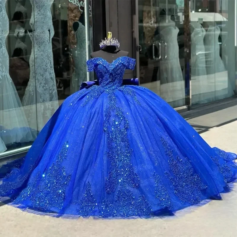 

Royal Blue Shiny Quinceanera Dresses Sequined Appliques Lace Beading Tull Off The Shoulder Ball Gown Sweet 16 Vestido De 15 Anos