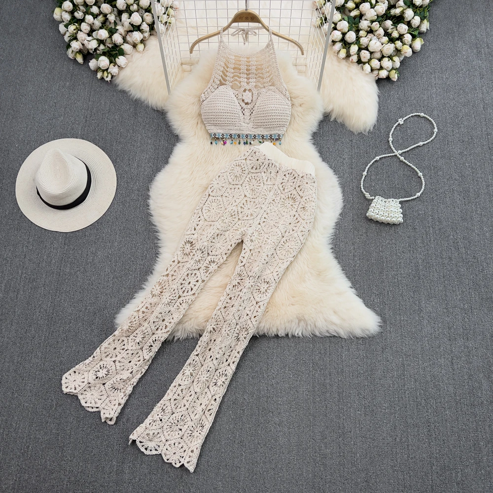 Conjunto casual de playa para mujer, top con diseño de flores y gancho calado, plones acampanados de cintura alta y efect...