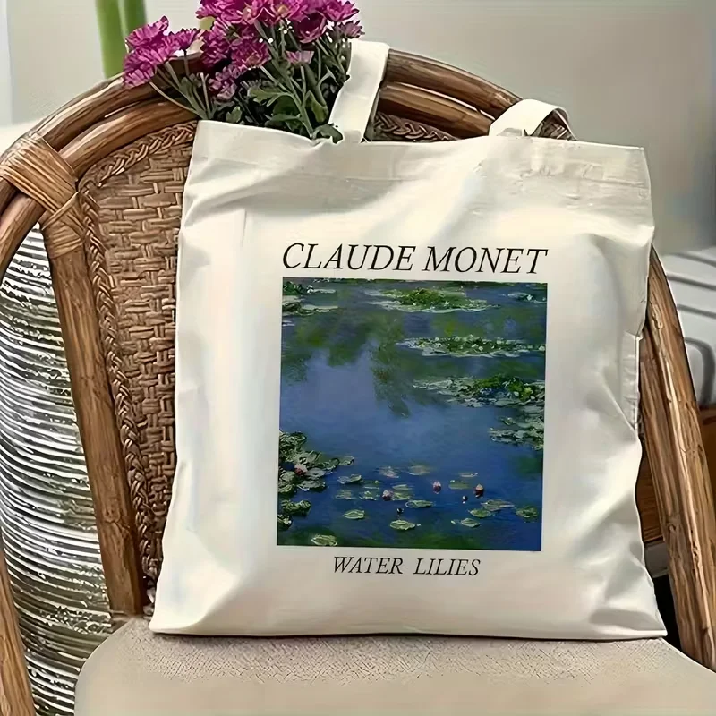 

Vintage Claude Monet Canvas Tote Bag Women Water Lilies Famous Painting Print Shopper Bag Museum Style Daily Shoulder Handbag