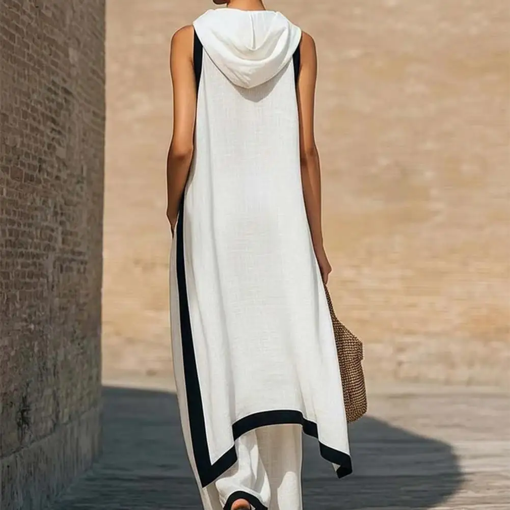 

Women's Two-piece Sleeveless Contrasting Color Outfit Asymmetrical Hem Mock Neck Sleeveless Top Wide-Leg Pants Vacation Lounge S