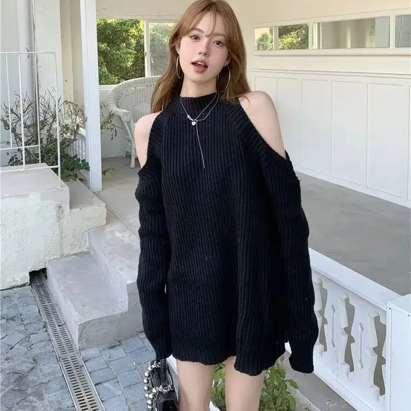 Soft Waxy Knitted Upper Garment Sweater Women Off Shoulder Pullovers Street Gentle 3-Colors Vintage Clothing Tops American