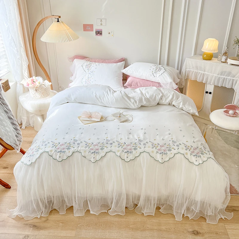 

100% Cotton White Flowers Embroidery Lace Ruffles Princess Wedding Bedding Set Duvet Cover Set Bed Skirt Bedspread Pillowcases