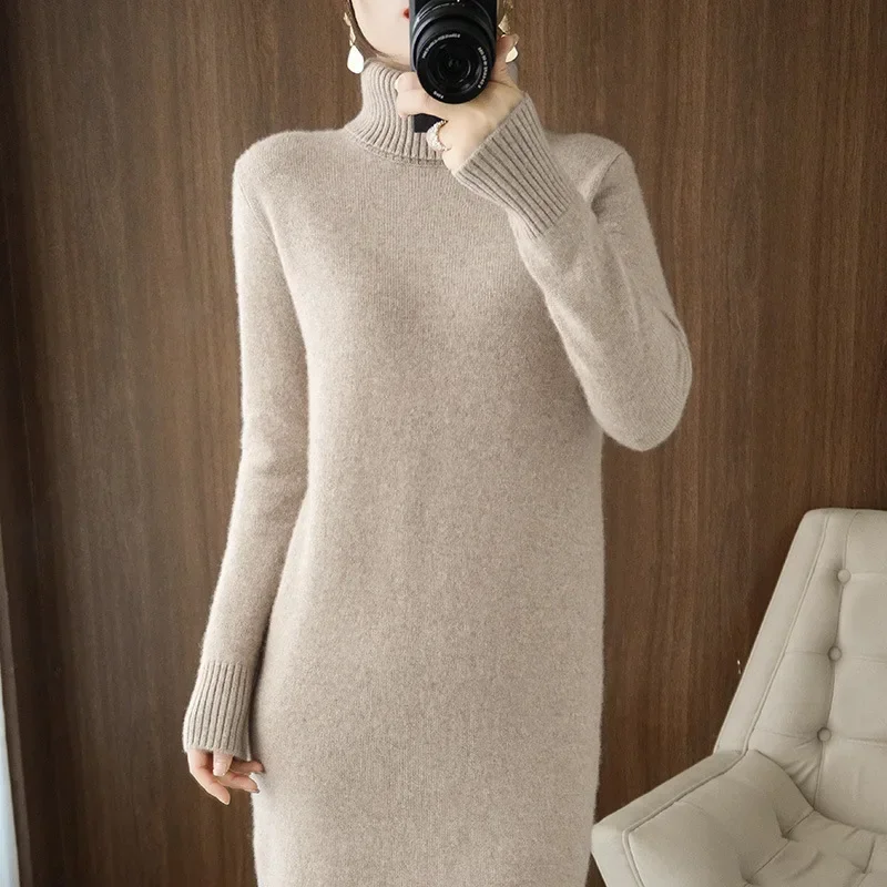 

Женский утолщенный свободный вязаный свитер с высоким воротником, длинная юбка, осень-зима, модная базовая многослойная рубашка, верхняя одежда, внутренняя одежда