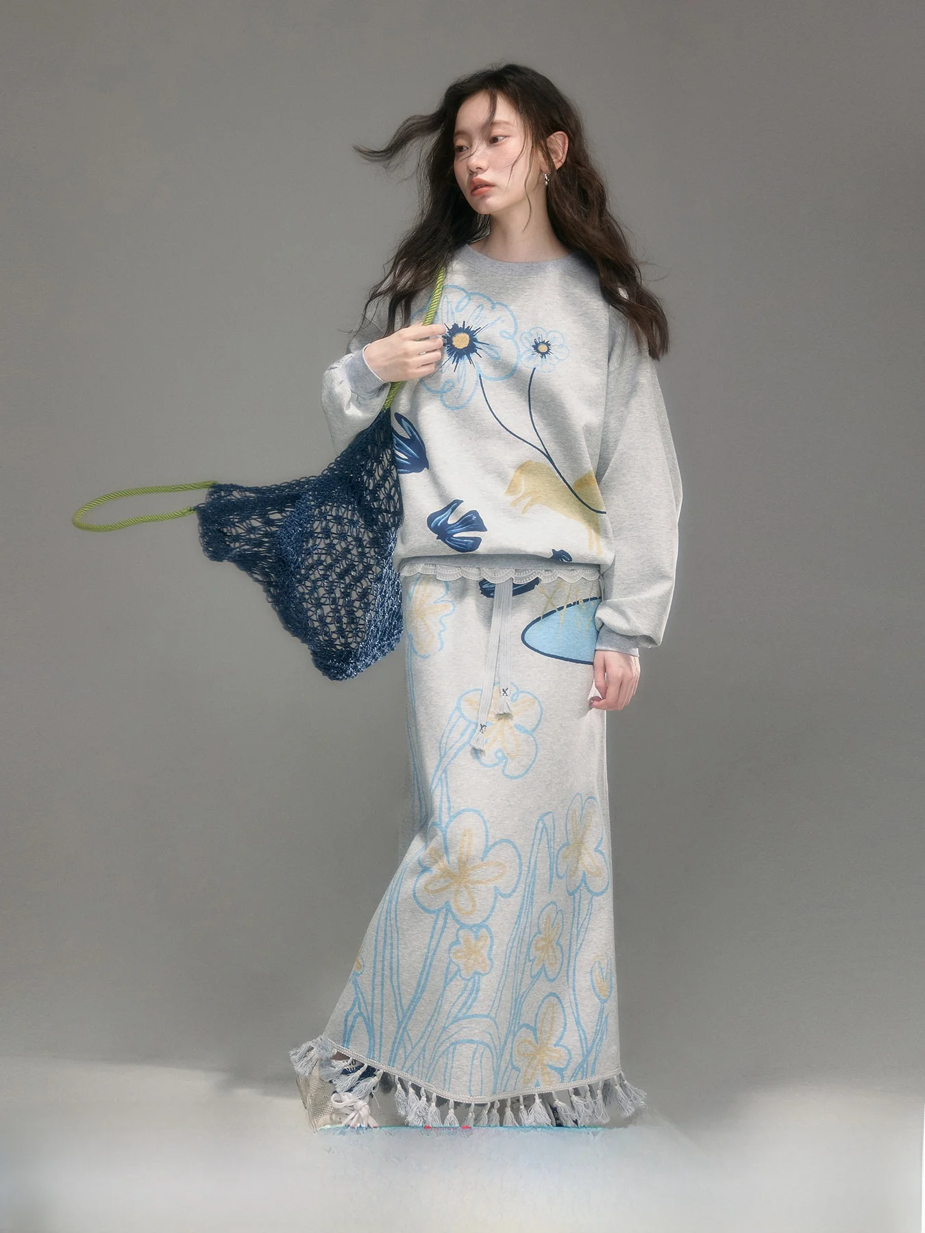 

Original Design Hand-Dn And Bird Print Sweatirt And Skirt Set Comfortable Cotton Blend High Waist A-Line Skirt