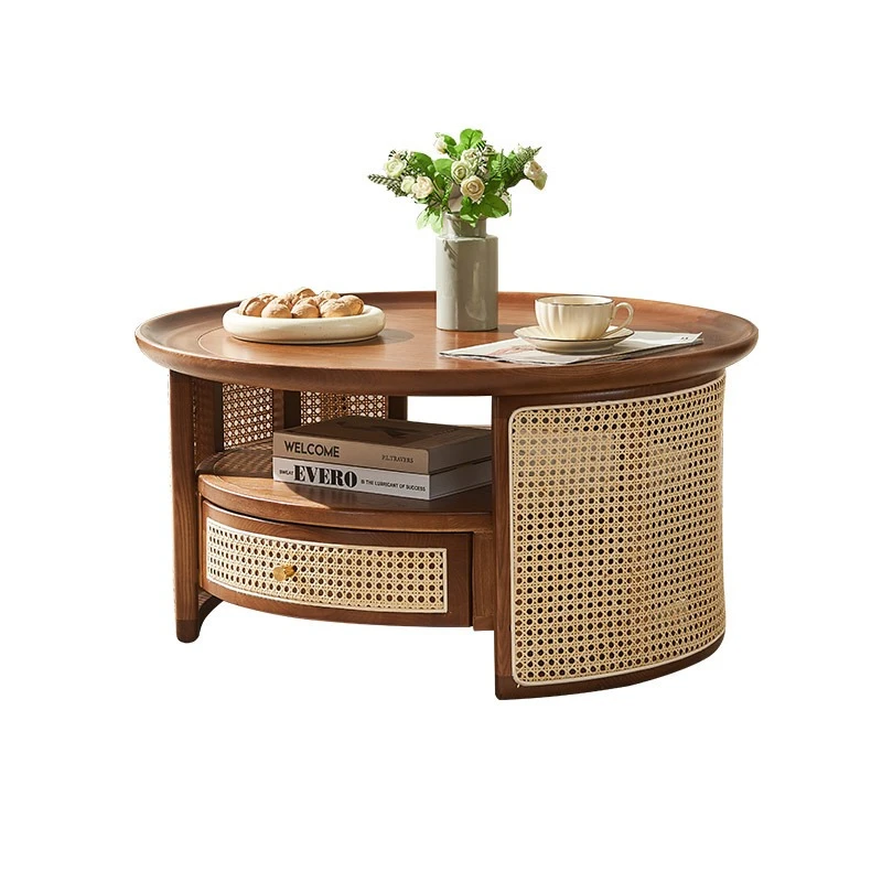 Nordic round coffee table, Japanese-style homestay rattan furniture, wabi-sabi retro, solid wood rattan round low table