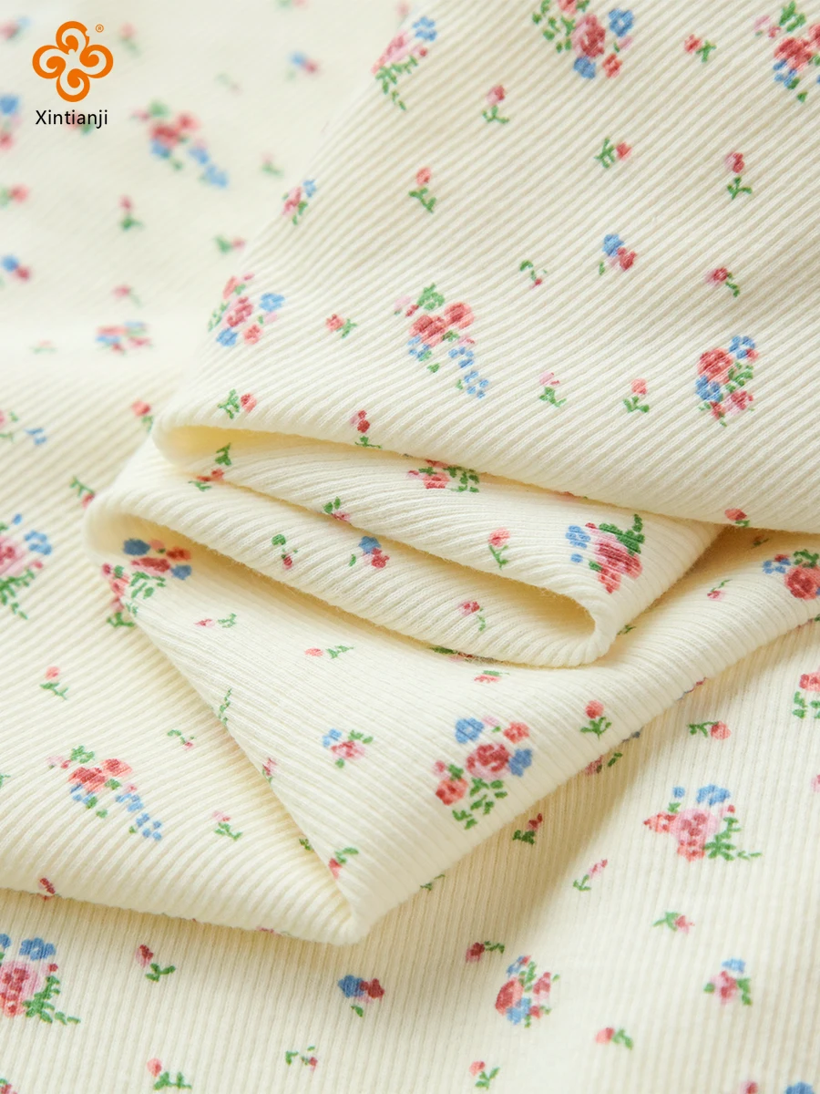 100% Cotton Rib Knit Fabric Floral Pattern Soft Material Home Dress Children Crawling Suit Women Short Sleeve Cloth DIY Fabric