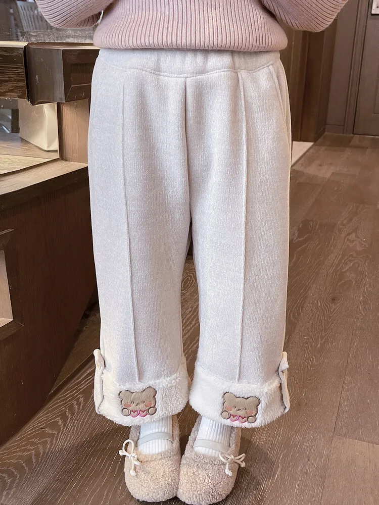 Girls' Fleece Pants 2024 Autumn and Winter New Fashion Winter Thick Pants Baby Winter Integrated Fleece Wide-leg Pants