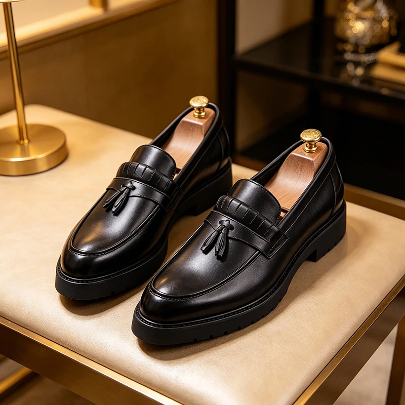 

New Business Men Fringed Leather Shoes European American Casual Thick-soled Durable Comfortable Brand Loafers Sizes 38-46