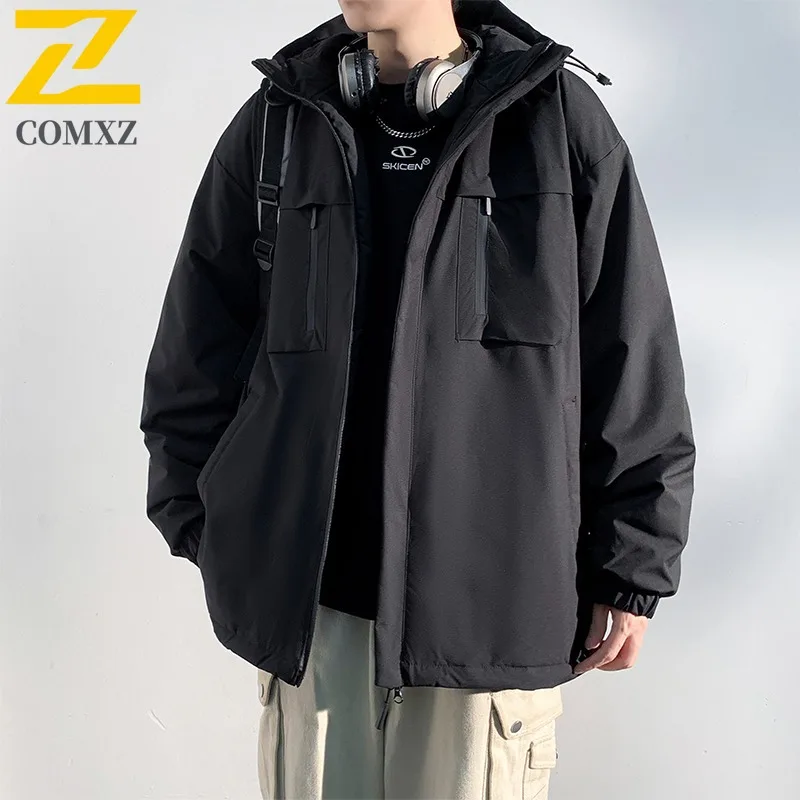 سترة مبطنة للسفر للرجال من COMXZ على الطراز الكوري، سترة مريحة بغطاء للرأس، تصميم بلون سادة، سترات شتوية دافئة مقاومة للبرد #2