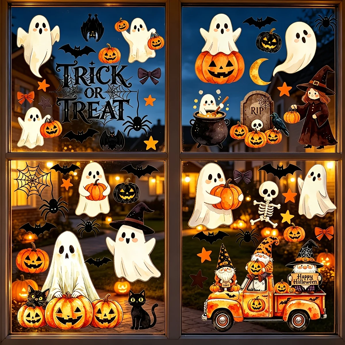 56Pcs Halloween Window Clings, Ghost Pumpkin Black Cat Witch Skull Static Decals, Bat Spiderweb Tombstone Trick or Treat Decor