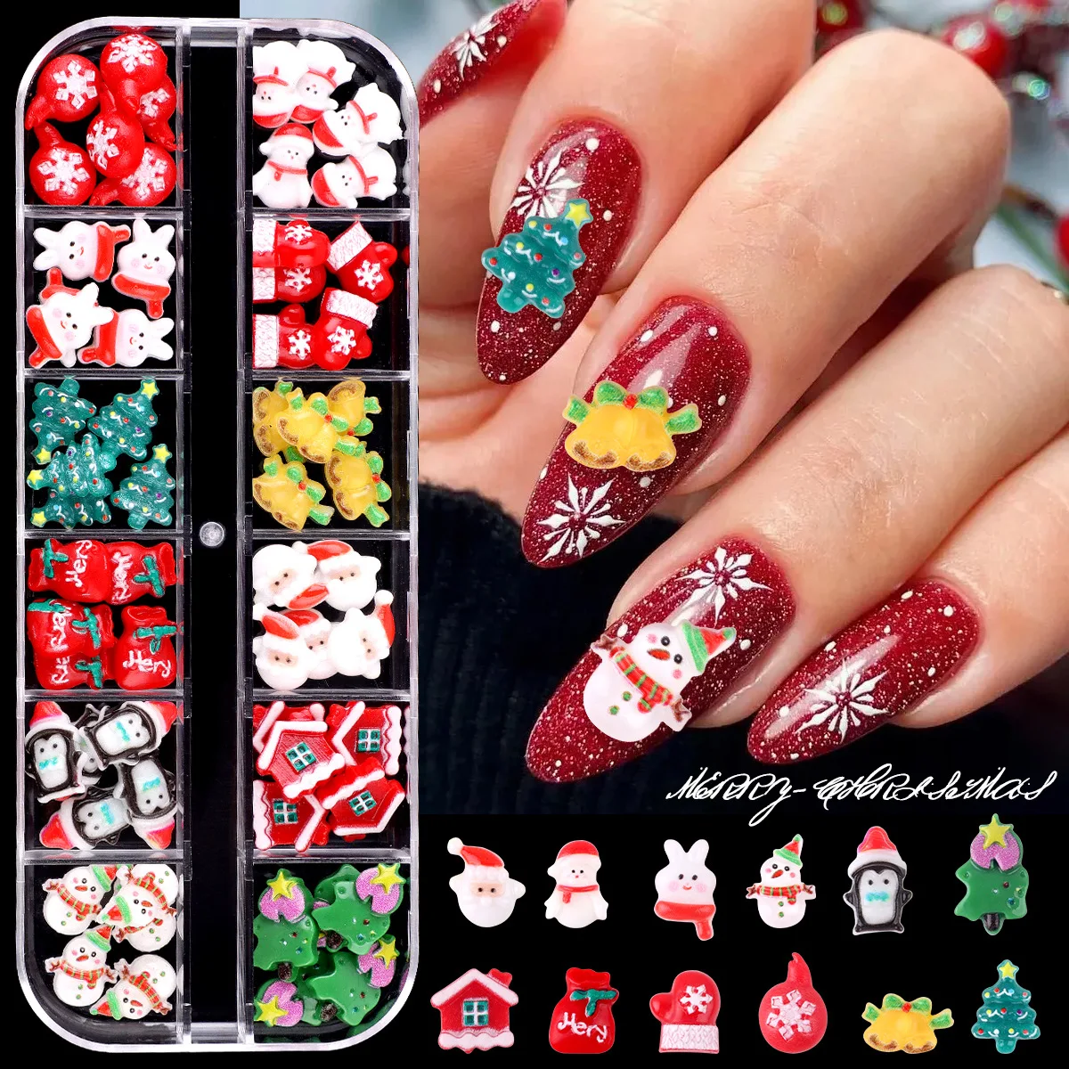 

1 Box Christmas Nail Art Decorations for New Year Winter Santa Claus Pressed Handmade DIY Boxed Wearable Nail Material