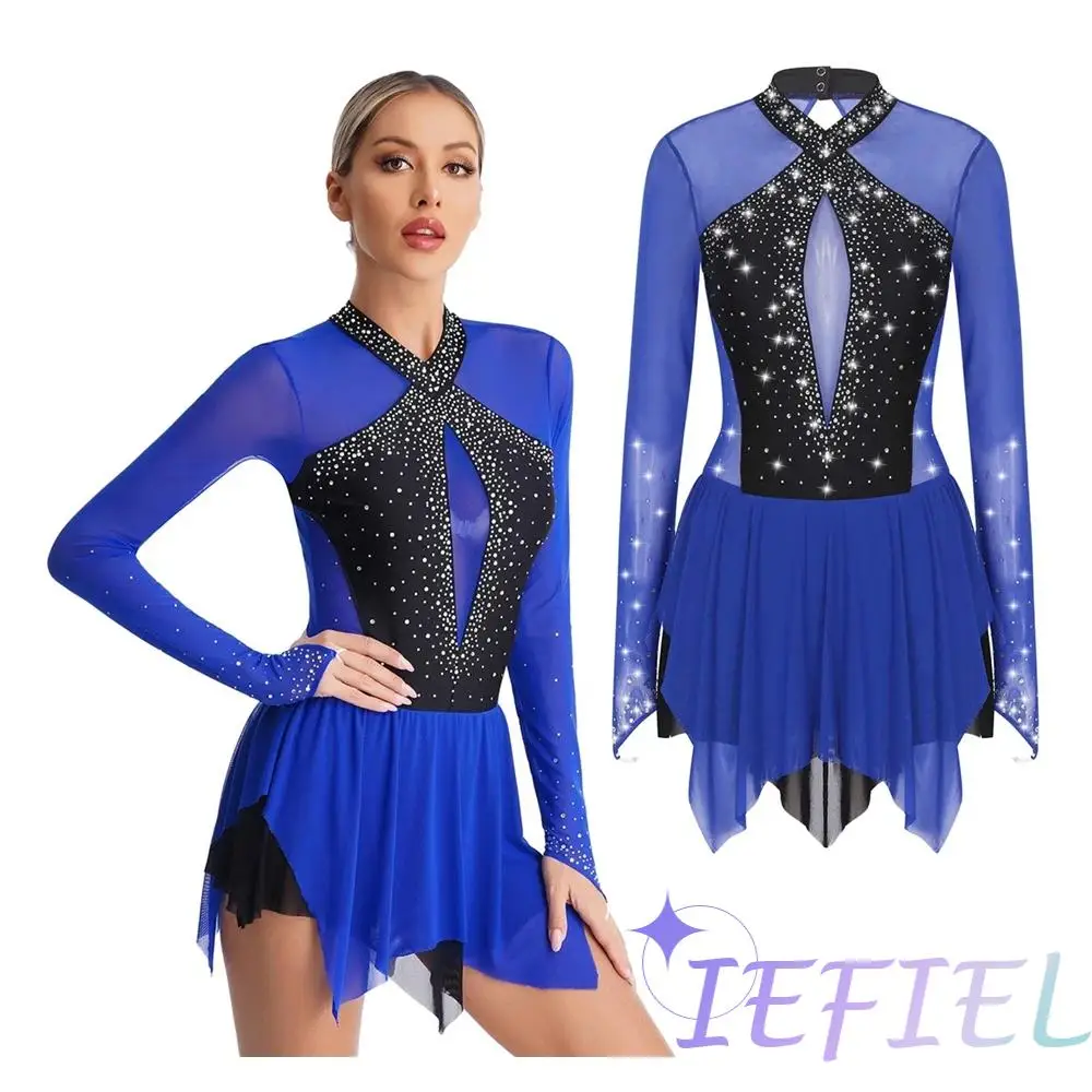 

Ice Figure Skating Dress Women Girl Mesh Long-sleeved Ballet Dance Competition Performance Training Clothes Fancy Dancewear