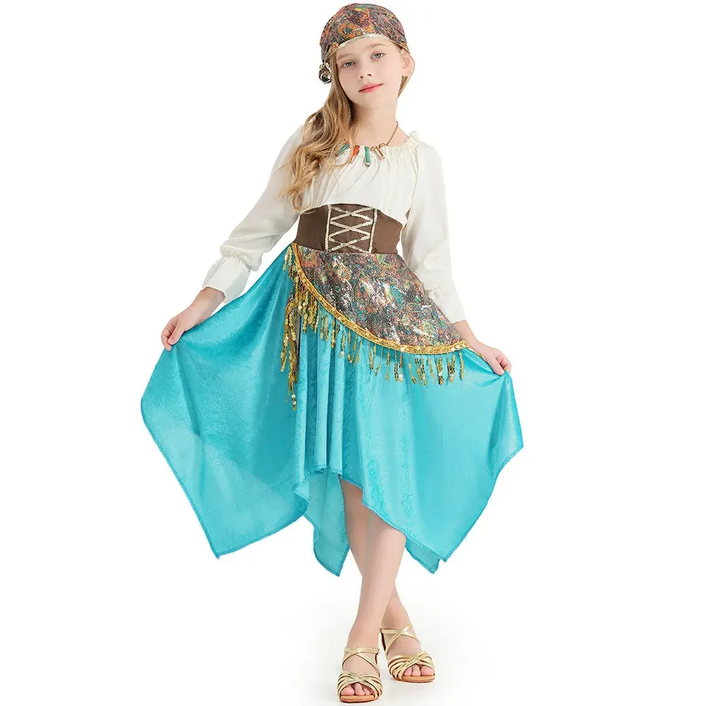 Bohemian Sequin Dress Cosplay Costumes Sky Blue Irregular Full Sleeve Flamenco Dance Dress Costume Outfit