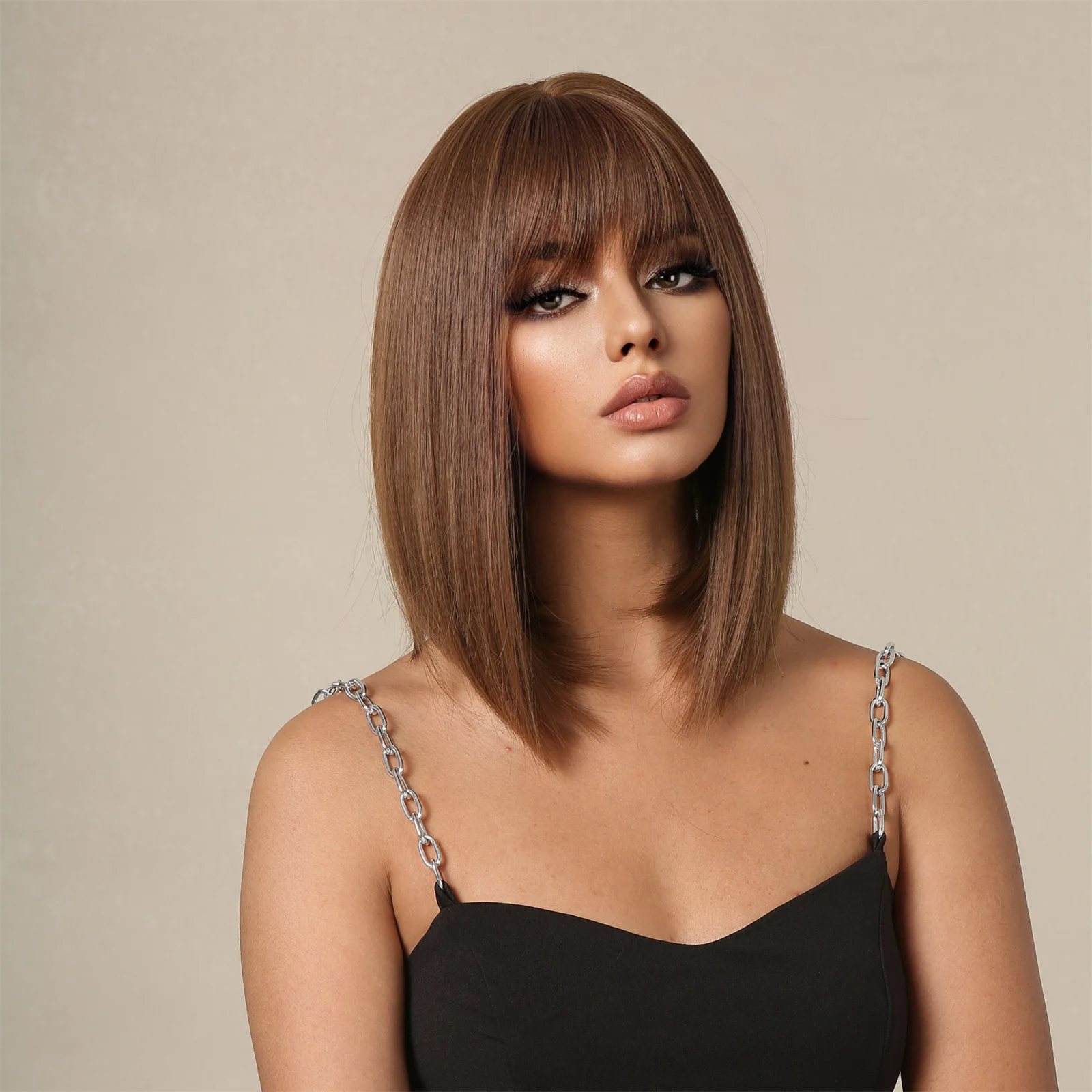 HENRY MARGU Short Straight Bob Synthetic Wigs Brown with Bangs for Women Daily Lolita Natural Wigs Heat Resistant Fiber