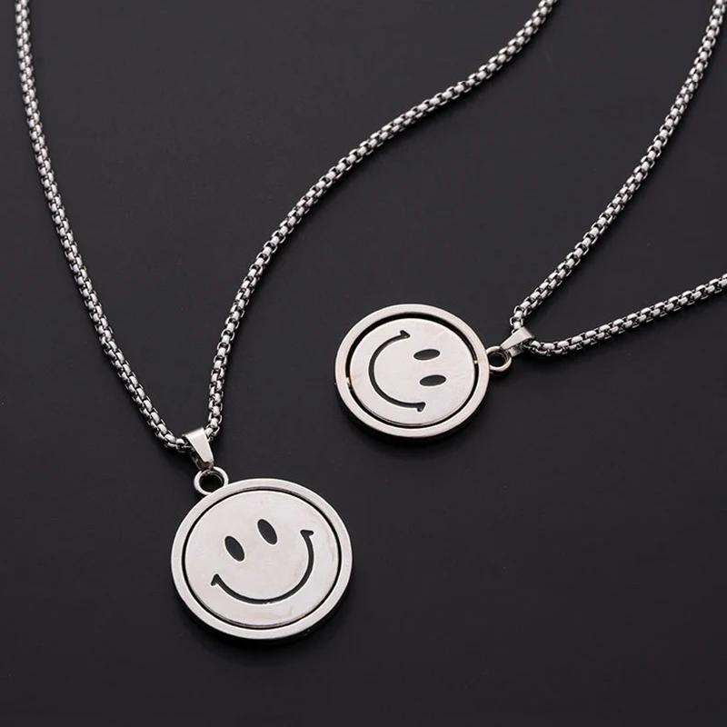 Rotatable Double Side Smile Face Pendant Necklaces For Women Stainless Steel Sweater Chain Necklace Couple Choker Hippie Gift 