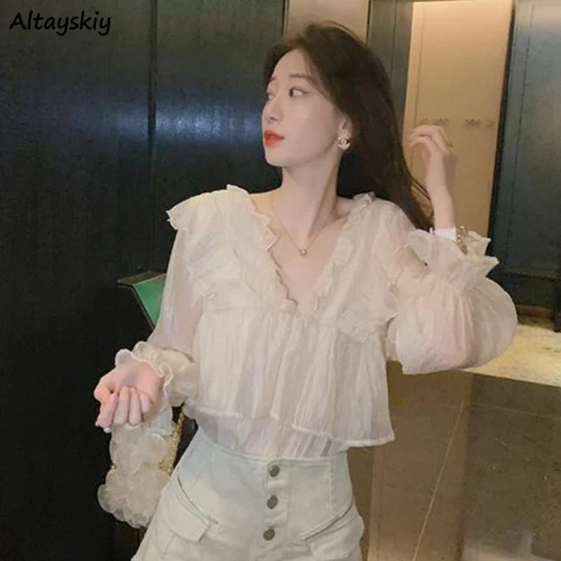 Blouse Women Long Sleeve Spring Ruffles Solid Elegant Pretty Casual Korean Style V-neck All-match Fashion Party Soft New Female