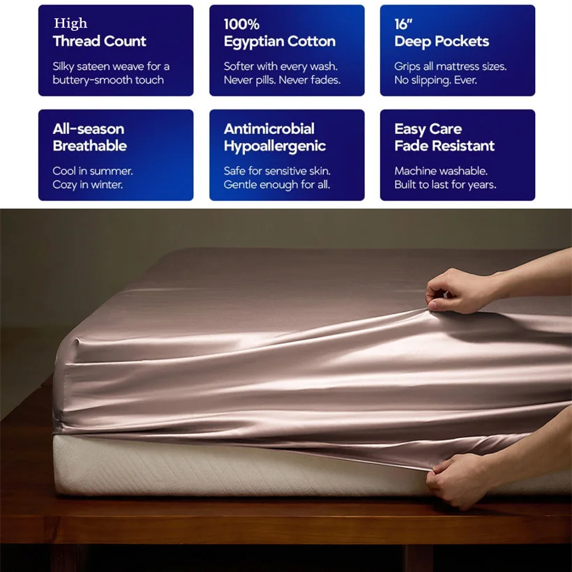 1600TC Egyptian Long Staple Cotton Fitted Sheet Soft Silky Bed Sheet with Elastic Bands Single Double Queen Size Mattress Cover
