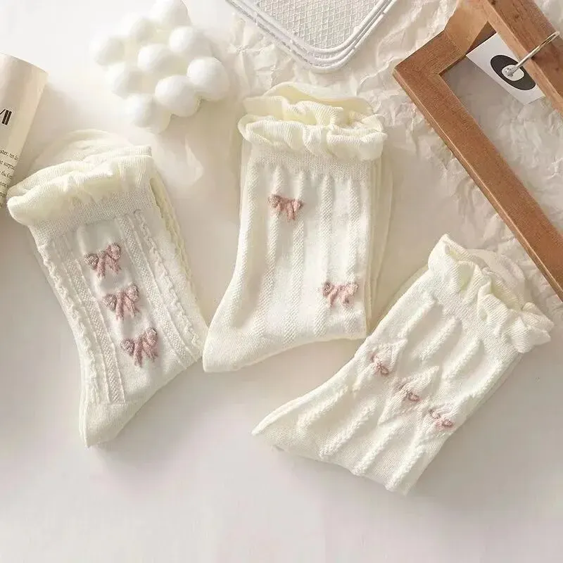 5 Pairs of Lolita White Socks Bow Small Flower WOMEN\'S Mid-calf Socks Spring and Summer Cute Sweet Girl Cotton Socks