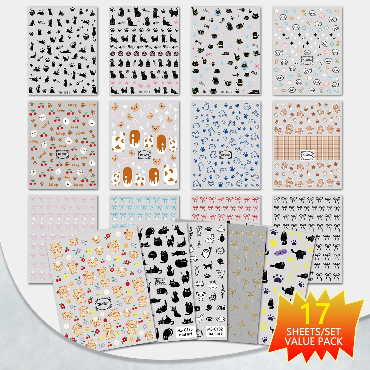 17 Cute Kitten Nail Stickers - Y2K Bow Love Small Fragrant Black and White Nail Decoration - Homecoming Season