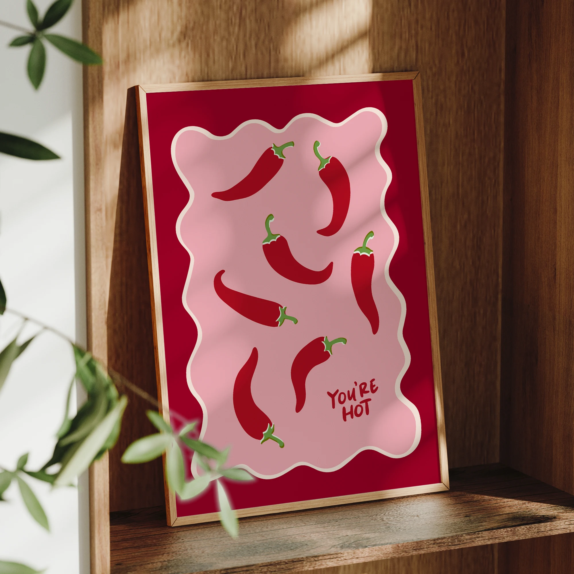 Chili Print You're Hot Wall Art, Retro Chilli Pepper Poster Cute Kitchen Decor, Trendy Pink & Red Print Hand Drawn Pepper Print view 3